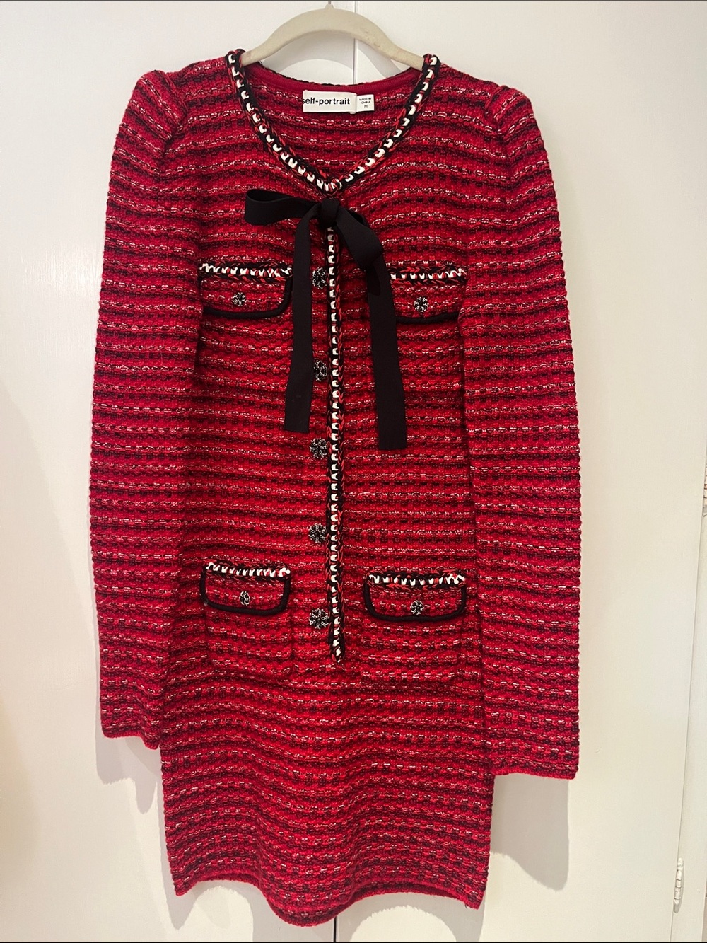 Self-Portrait Red Tweed Bow-Trim Long Sleeve Dress